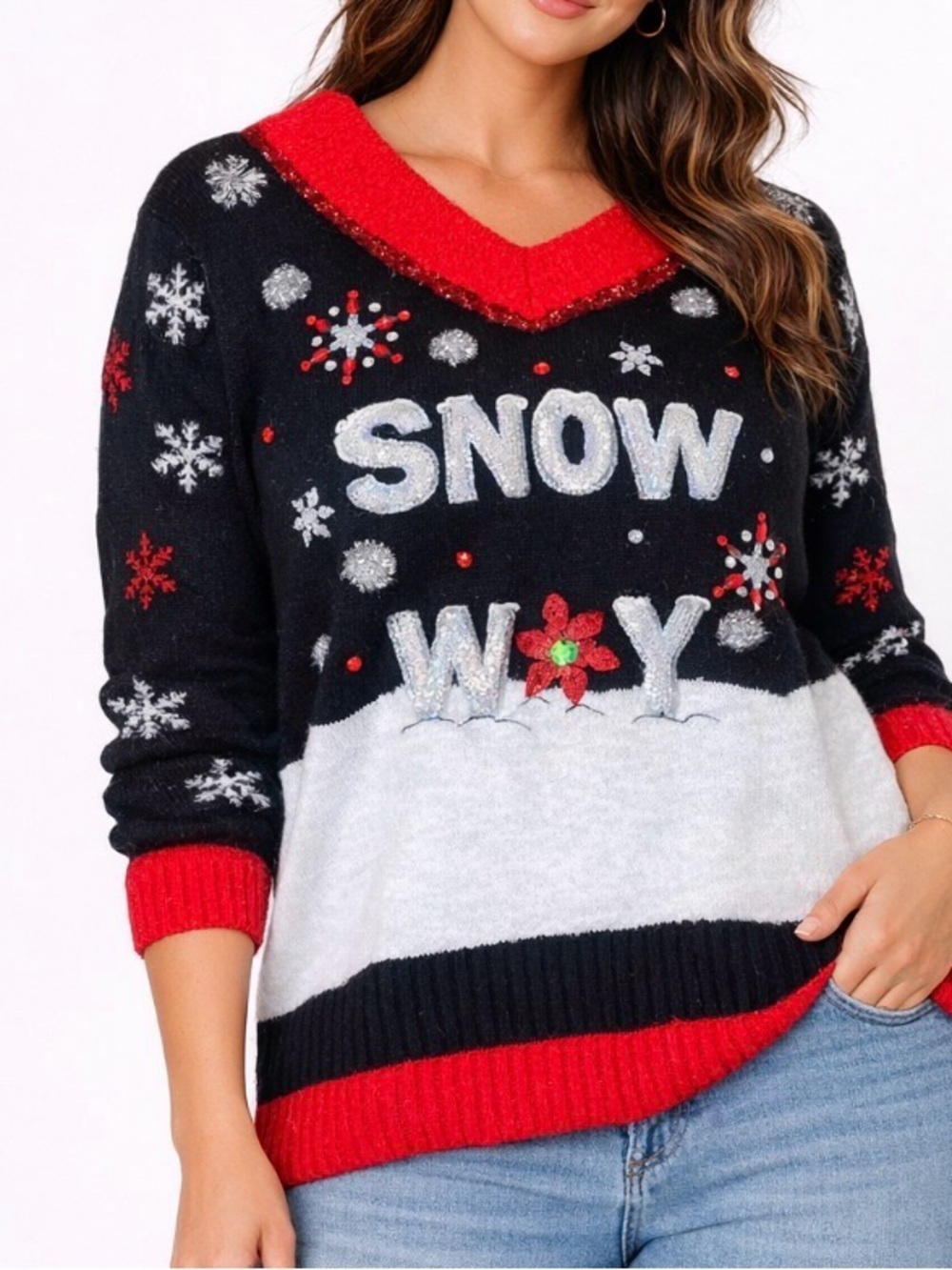 Holiday Time ugly sweater Christmas sequined Snow Way fuzzy SZ XL